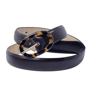 INC Womens Tortoise Shell Oval Buckle Dark Brown Leather Belt Sz M Retro Classic